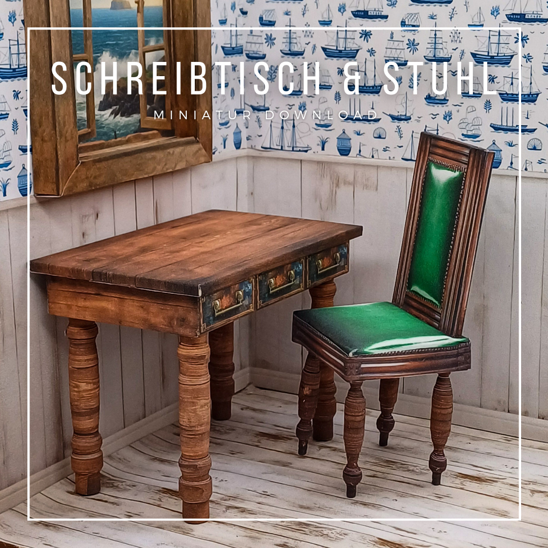 Vintage Schreibtisch und Stuhl im Maßstab 1:12 zum Drucken und Basteln - PDF