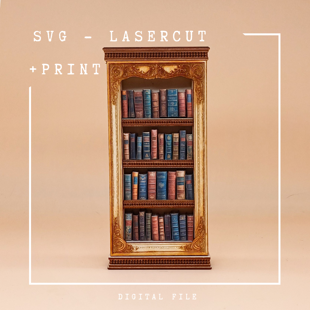 Miniatur-Bibliothek als Lasercut; Bastelbogen – inkl. 47 Miniaturbücher (Digitaldatei) DIGITAL FILE – SVG + PNG