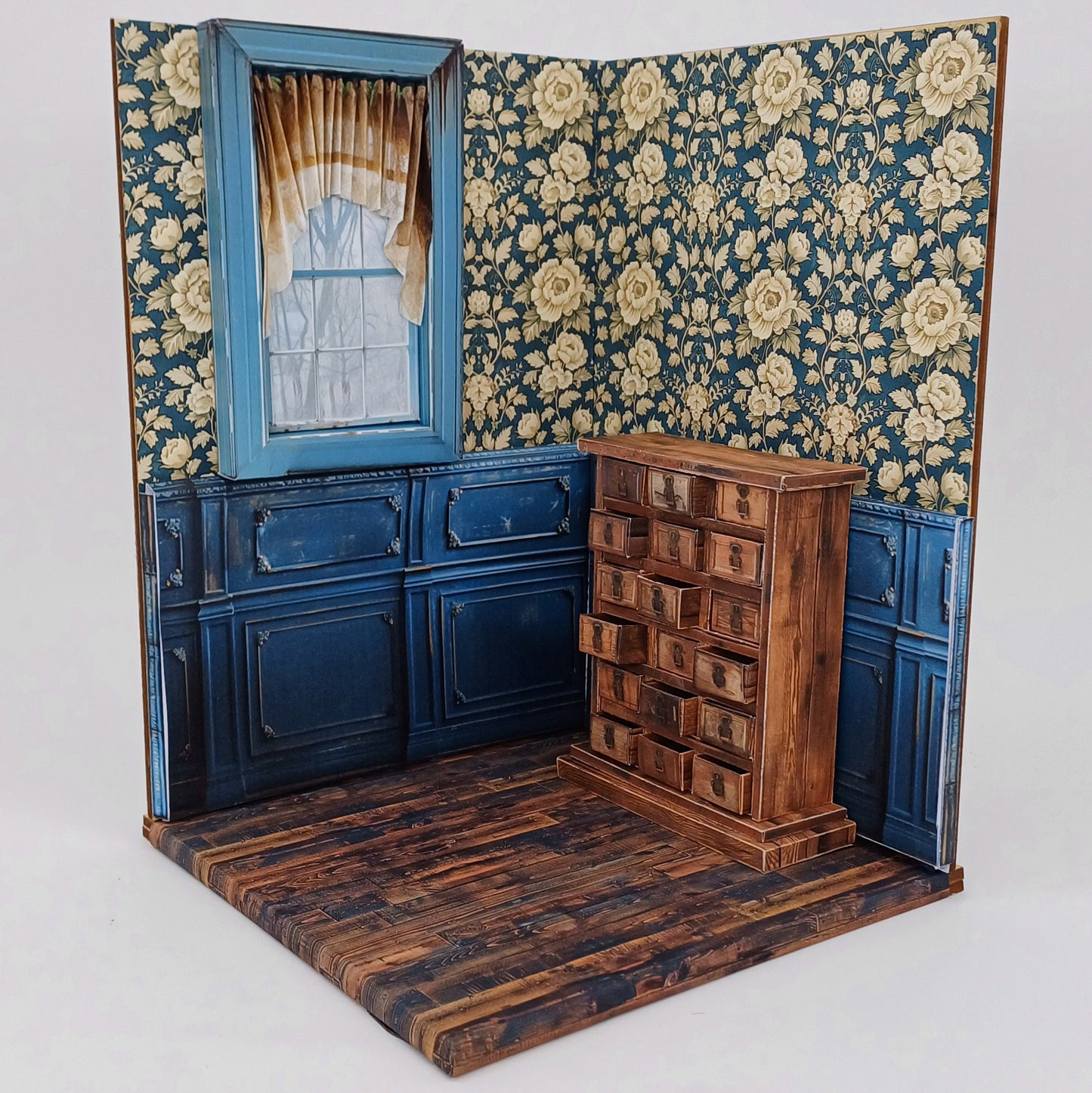 Roombox Design "Blaues Zimmer" im Maßstab 1:12 zum Drucken und Basteln