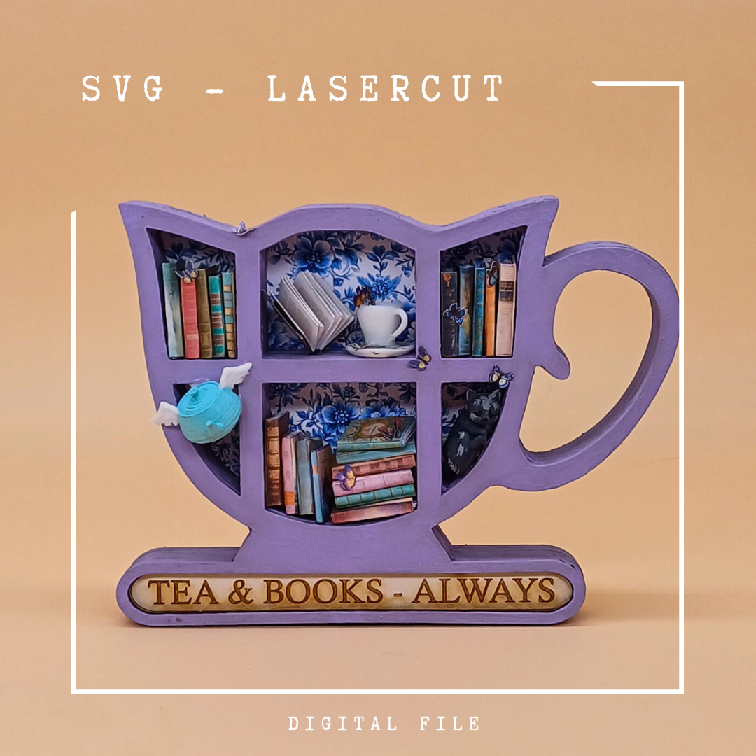 Miniatur-Teetassen-Bücherregal – Digitaler Lasercut-Download mit Miniaturbuch-Druckdatei