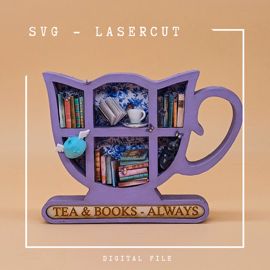 Miniatur-Teetassen-Bücherregal – Digitaler Lasercut-Download mit Miniaturbuch-Druckdatei