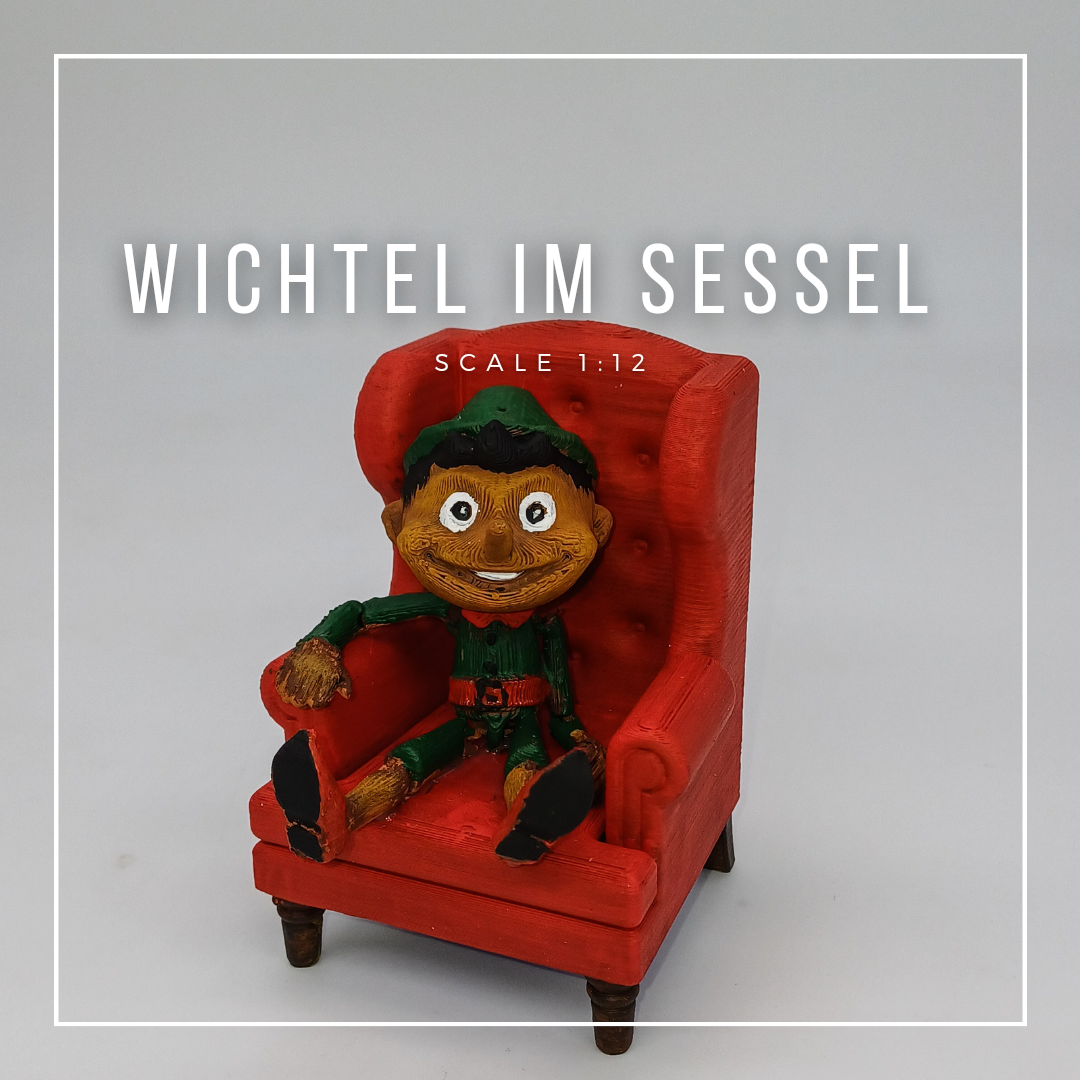Wichtel in an armchair on a scale of 1:12
