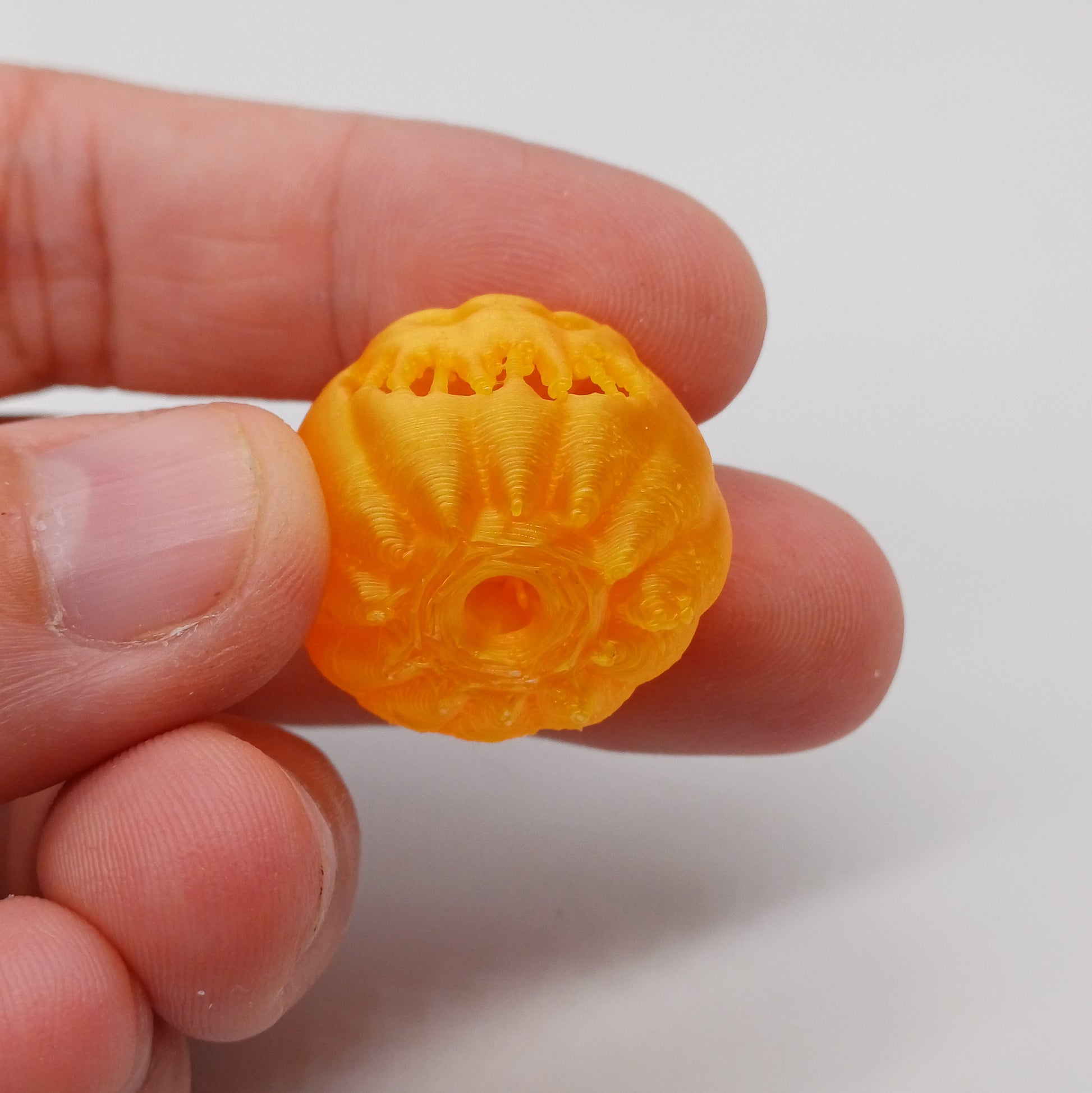 a person holding a small orange in their hand 