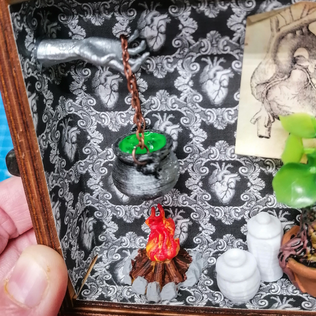 Miniature 1:12 scale witch cauldron with fire