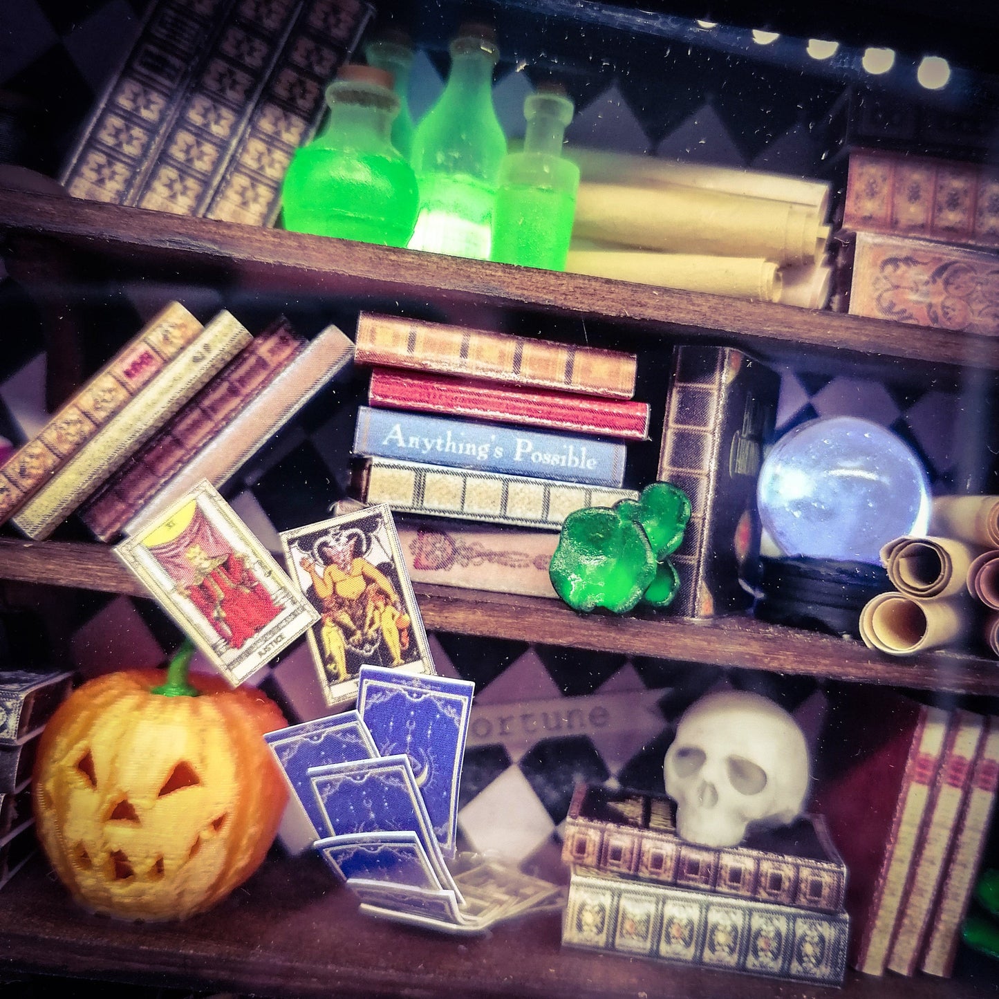 a wooden shelf with a clock and other items 